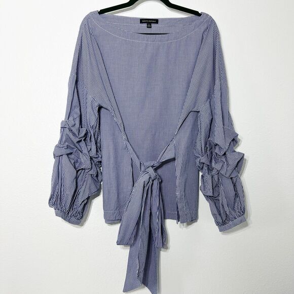 Banana Republic Gingham Tuck Sleeve Shirt Large Blue Tie Check Elevated Pairie - Picture 2 of 12